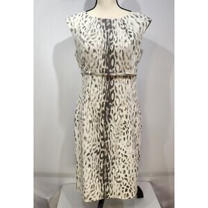 Ellen Tracy White Leopard Belted Midi Sheath Dress 8